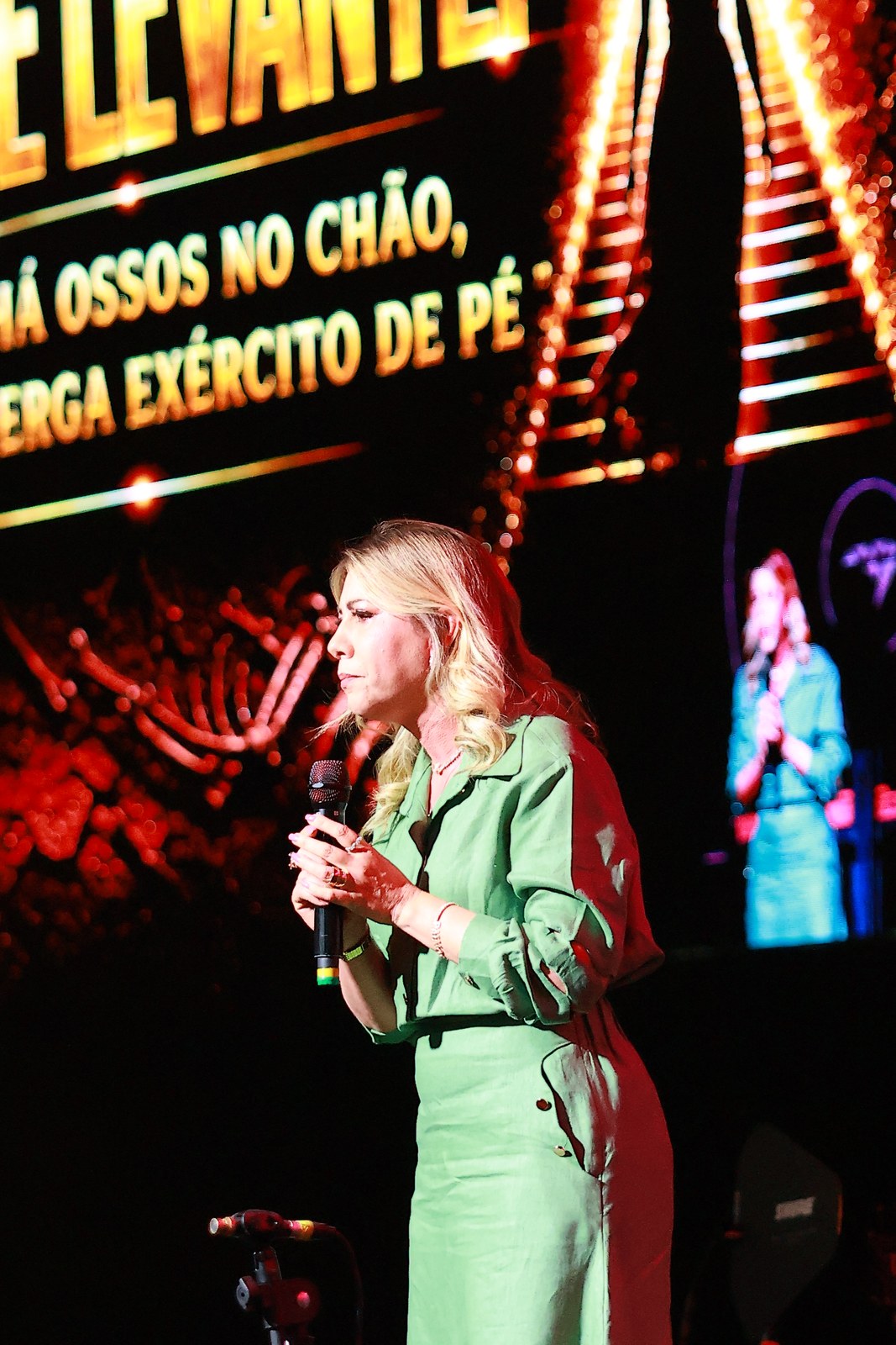 Alinne Duarte no palco com o telão onde se lê ossos no chão, exército de pé